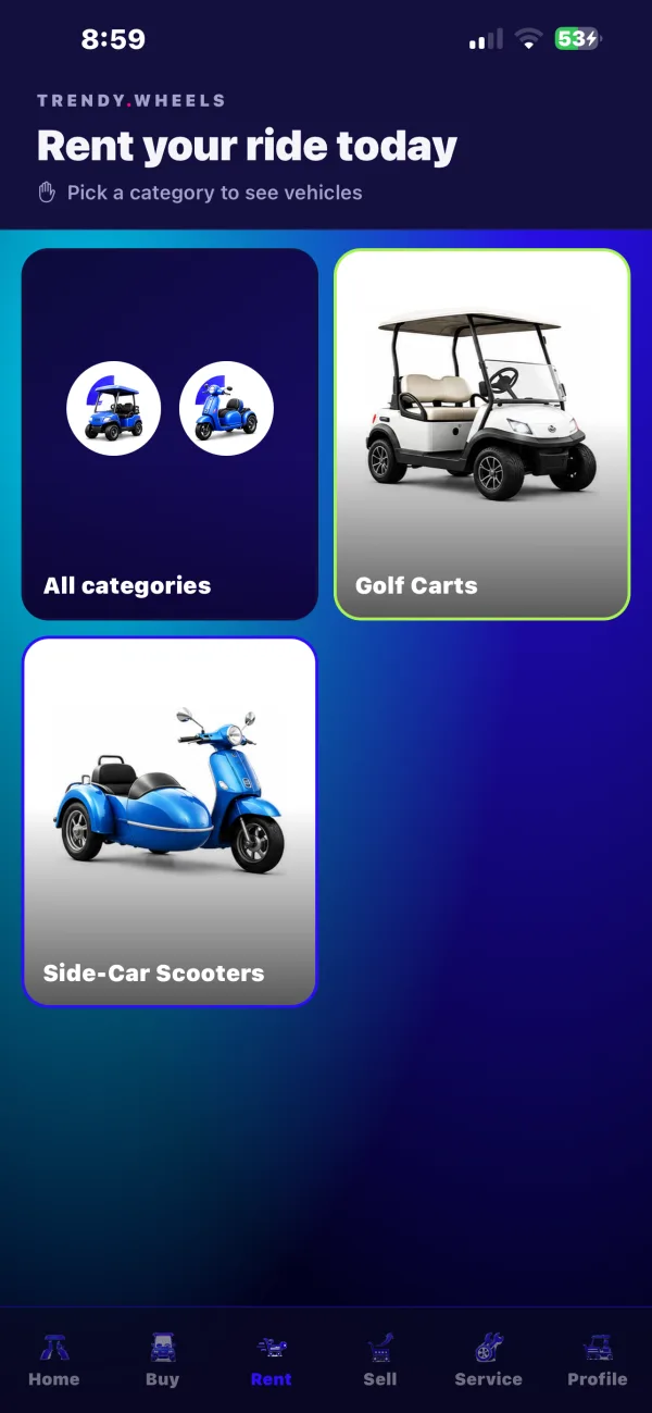 Trendy Wheels app — browse the fleet